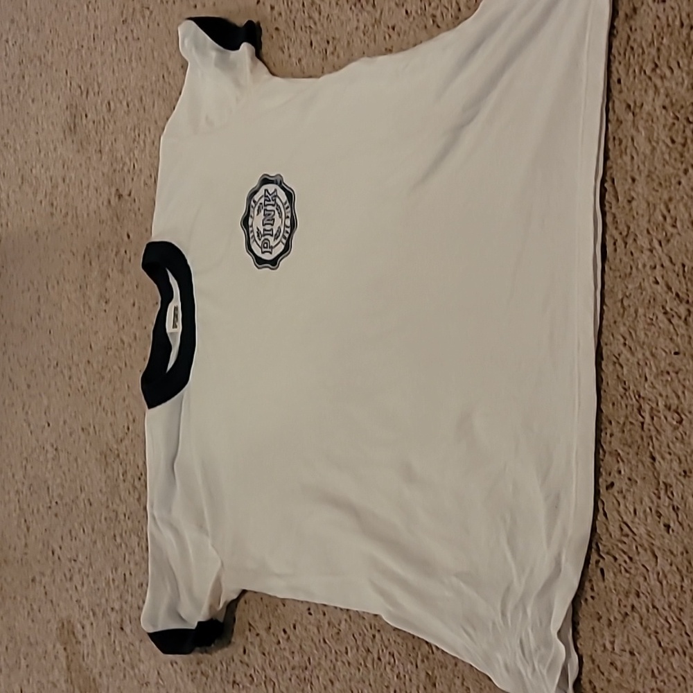 PINK Victoria's Secret White Tee with Dark Blue Trim Size Large